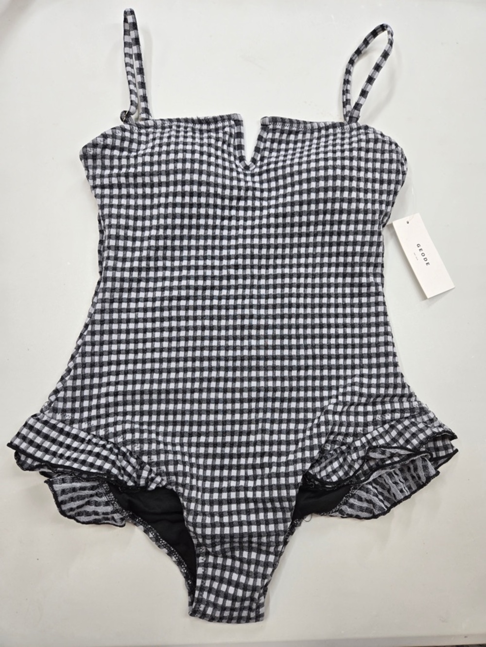 NWT GEODE Caroline One Piece Gingham Ruffle Swimsuit Notch Neck Small 7312 - Picture 4 of 11